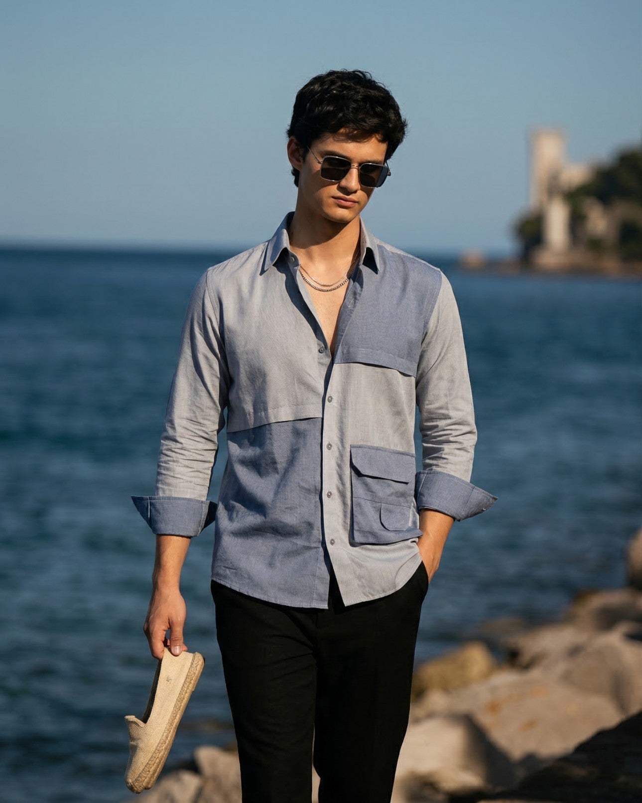 Blue Colorblock Relax Fit Shirt